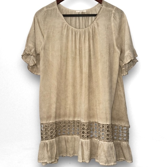 Boho Mini Babydoll dress Sand color Ruffles and detailed hem design Sz Small - Picture 3 of 9